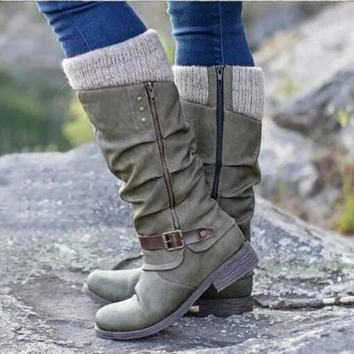 Women’s Leather Flat Heel Mid-Calf Zipper Boots