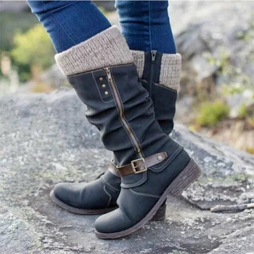 Women’s Leather Flat Heel Mid-Calf Zipper Boots