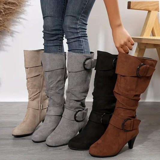 Chic Womens Knee High Boots - Soft Slouch Style with Fashion Buckle & Stiletto Heels - Smooth Zipper, Ultimate Comfort in Premium Suedette Finish - Long-Length