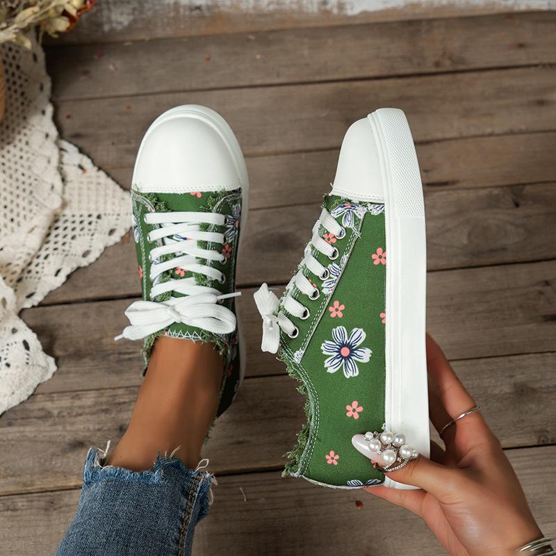 Women's Orthopedic Floral Printed Canvas Shoes, Round Toe Lace Up Low Top Sneakers, Casual Flat Walking Shoes