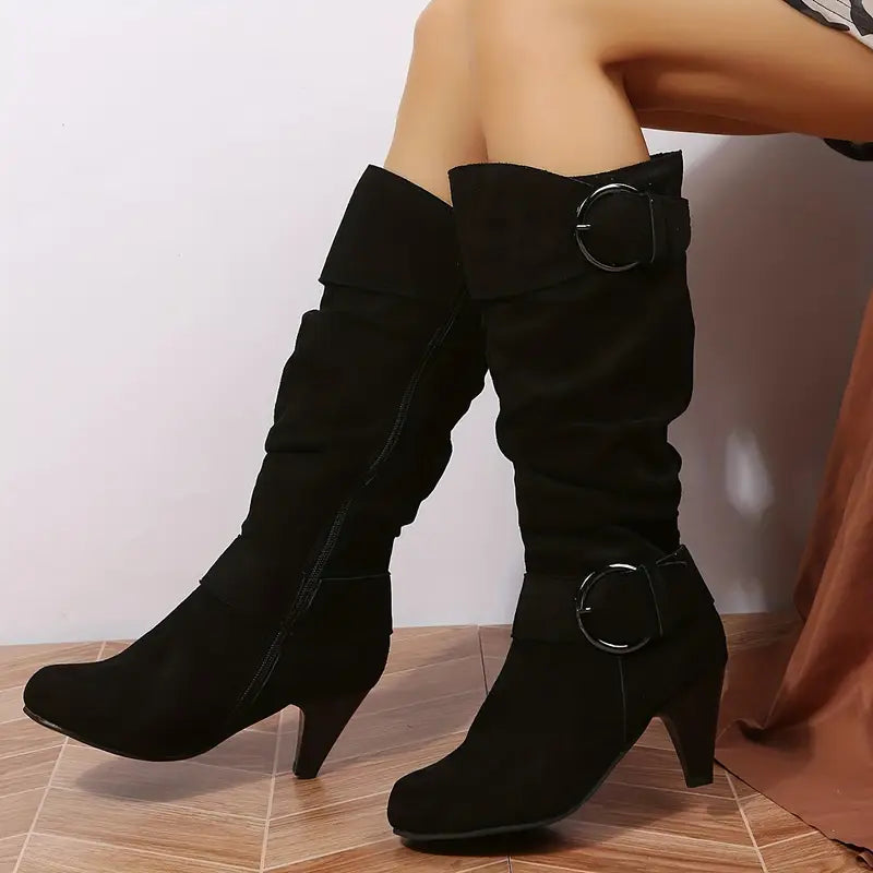 Chic Womens Knee High Boots - Soft Slouch Style with Fashion Buckle & Stiletto Heels - Smooth Zipper, Ultimate Comfort in Premium Suedette Finish - Long-Length