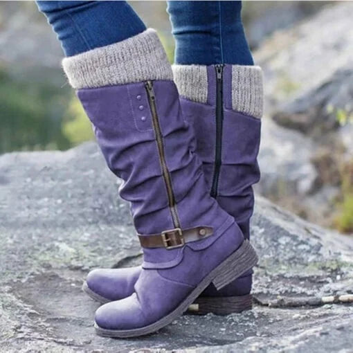 Women’s Leather Flat Heel Mid-Calf Zipper Boots